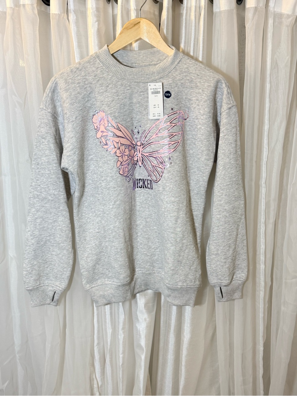 Wicked Butterfly Graphic Crewneck Sweater - Light Gray with Pink